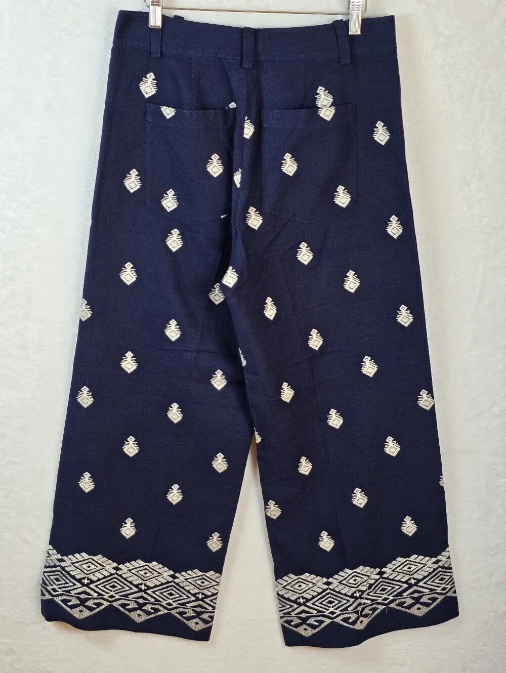 Zara High Waisted Embroidered Culottes Linen Blend Cropped Wide Leg Pants Sz.L